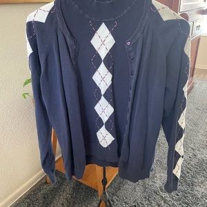 J.G. Hook, combination patterned, sleeveless sweater with matching cardigan.